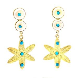 Goldenstrand Mother of Pearl, Turquoise & Gold Floral Drop Earrings, Boho Flower